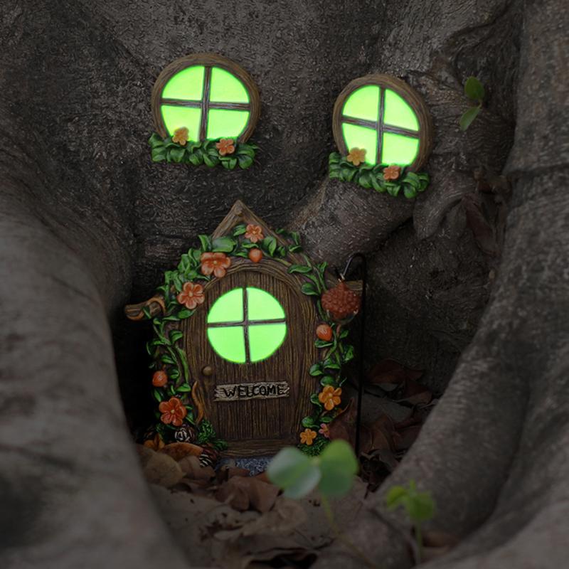 Kids Outdoor Fairy Garden - 5-teiliges Leuchtendes Feentür-Fenster-Laternen-Set für Baum Garten