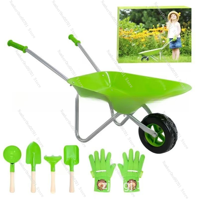 Kids Outdoor Garden Toys - Kinder-Schubkarre für Draußen, Grünes Garten-Spielset für