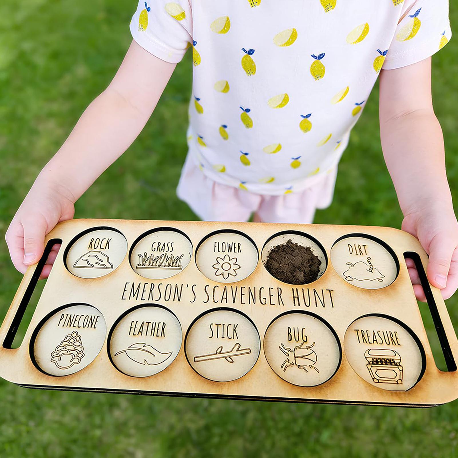 Kids Outdoor Scavenger Hunt - Sammelspiel für Kinder: Holz-Naturtablett für Outdoor-Sammelspiele
